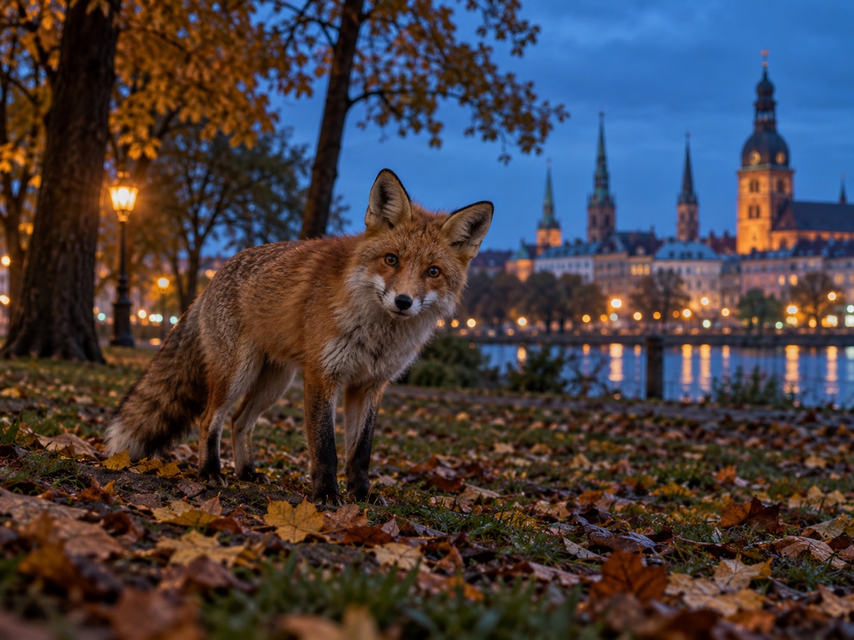 Rudā lapsa parkā pilsētas gaismās